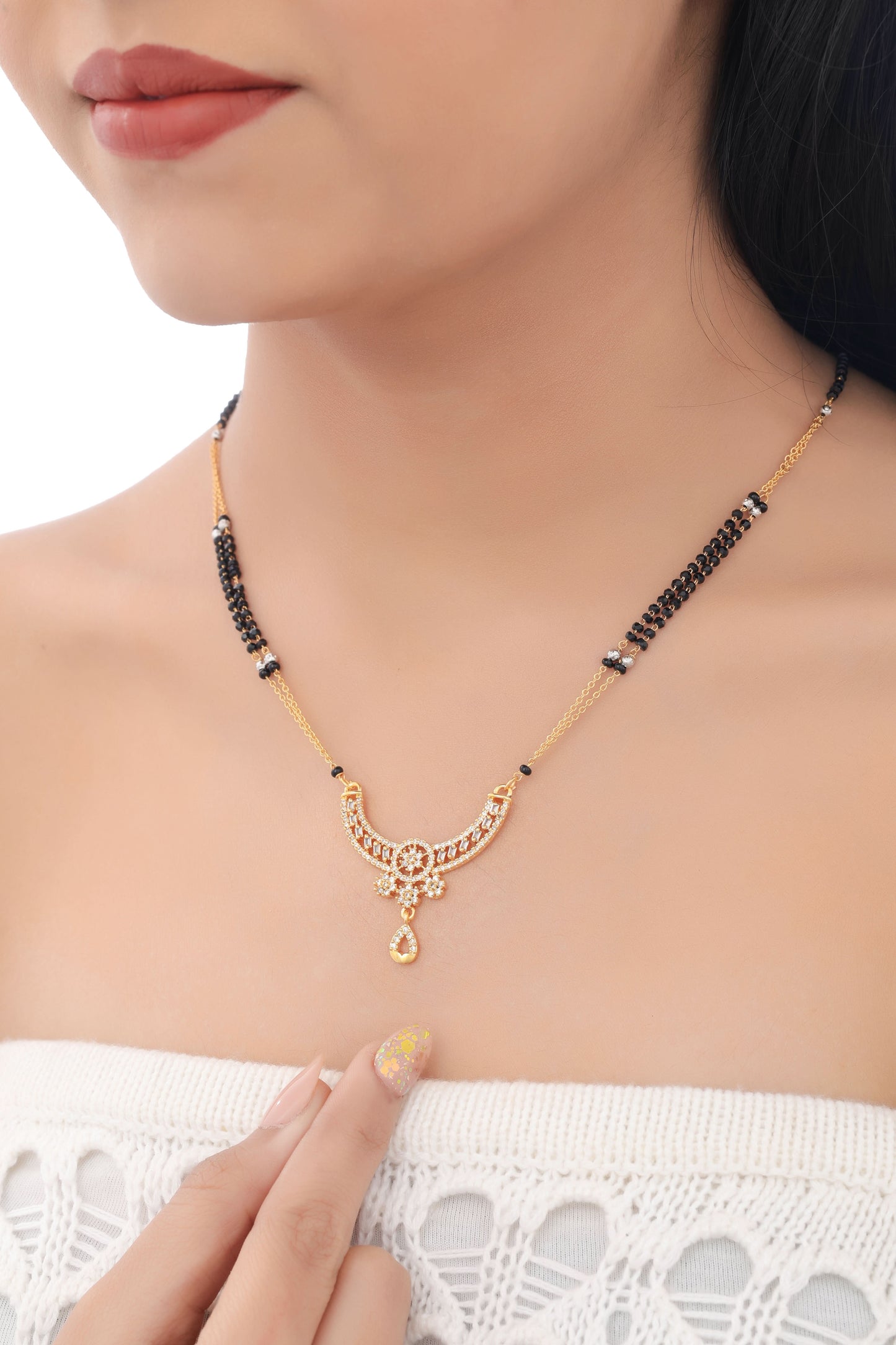 BUY 1 GET 1 FREE -  American Diamond High Gold Flower shape Hanging Mangalsutra