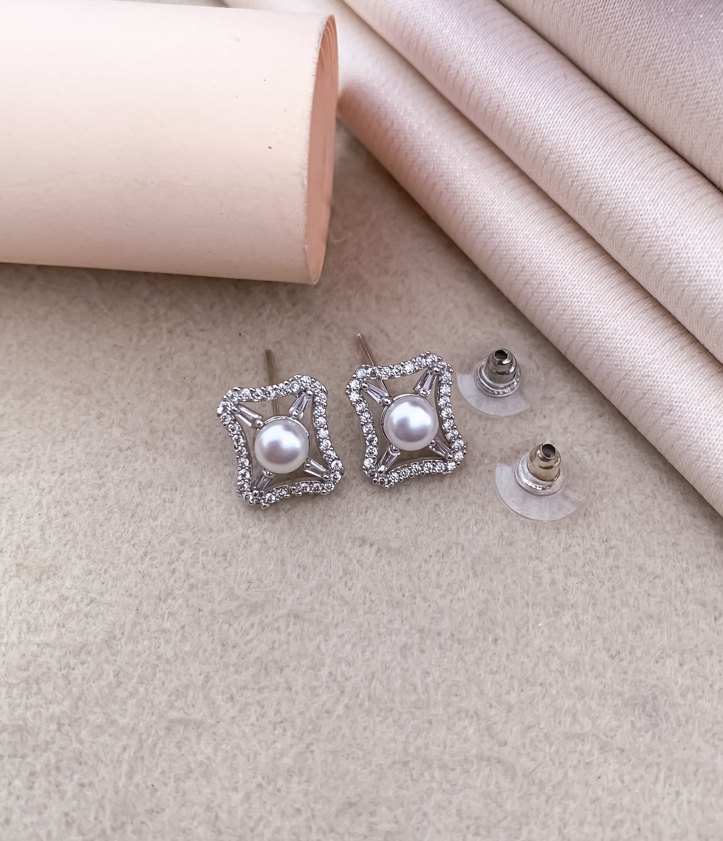 American Diamond Rose Gold And Silver Pearl Tops Earrings