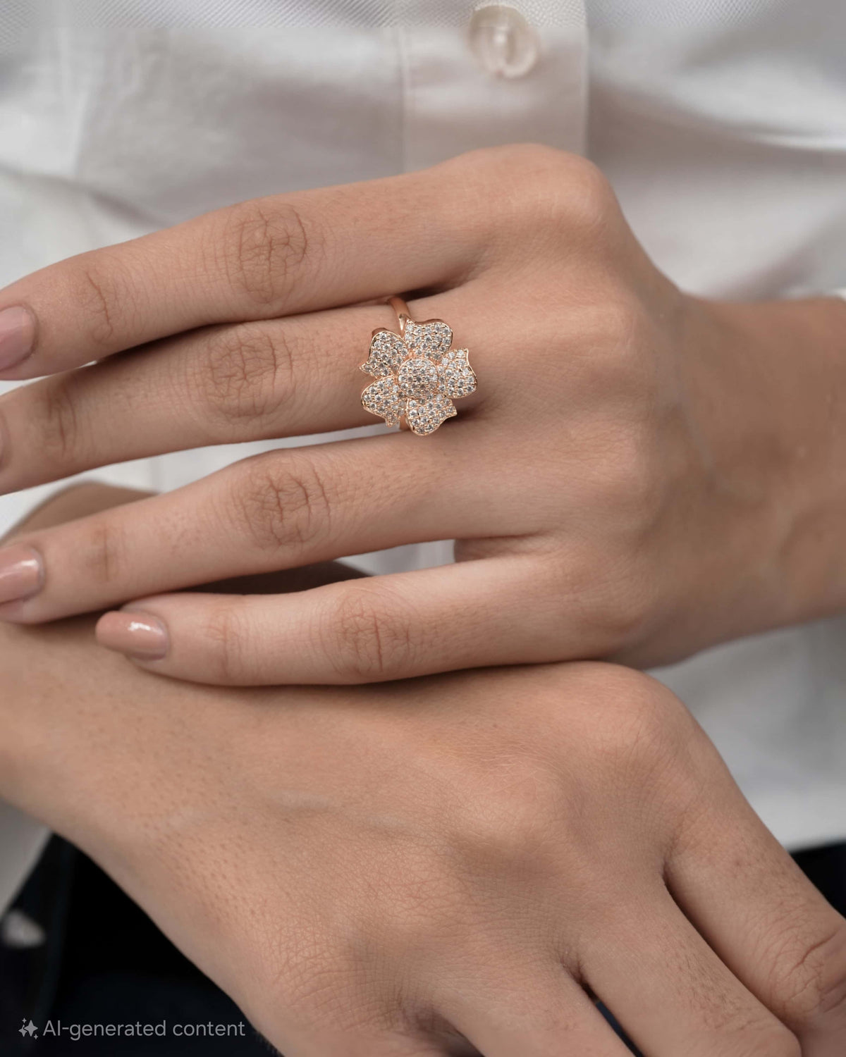 American Diamond Rose Gold Flower Adjustable Free Size Ring - finger ring - Belleza Jewels