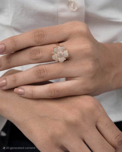 American Diamond Rose Gold Flower Adjustable Free Size Ring - finger ring - Belleza Jewels