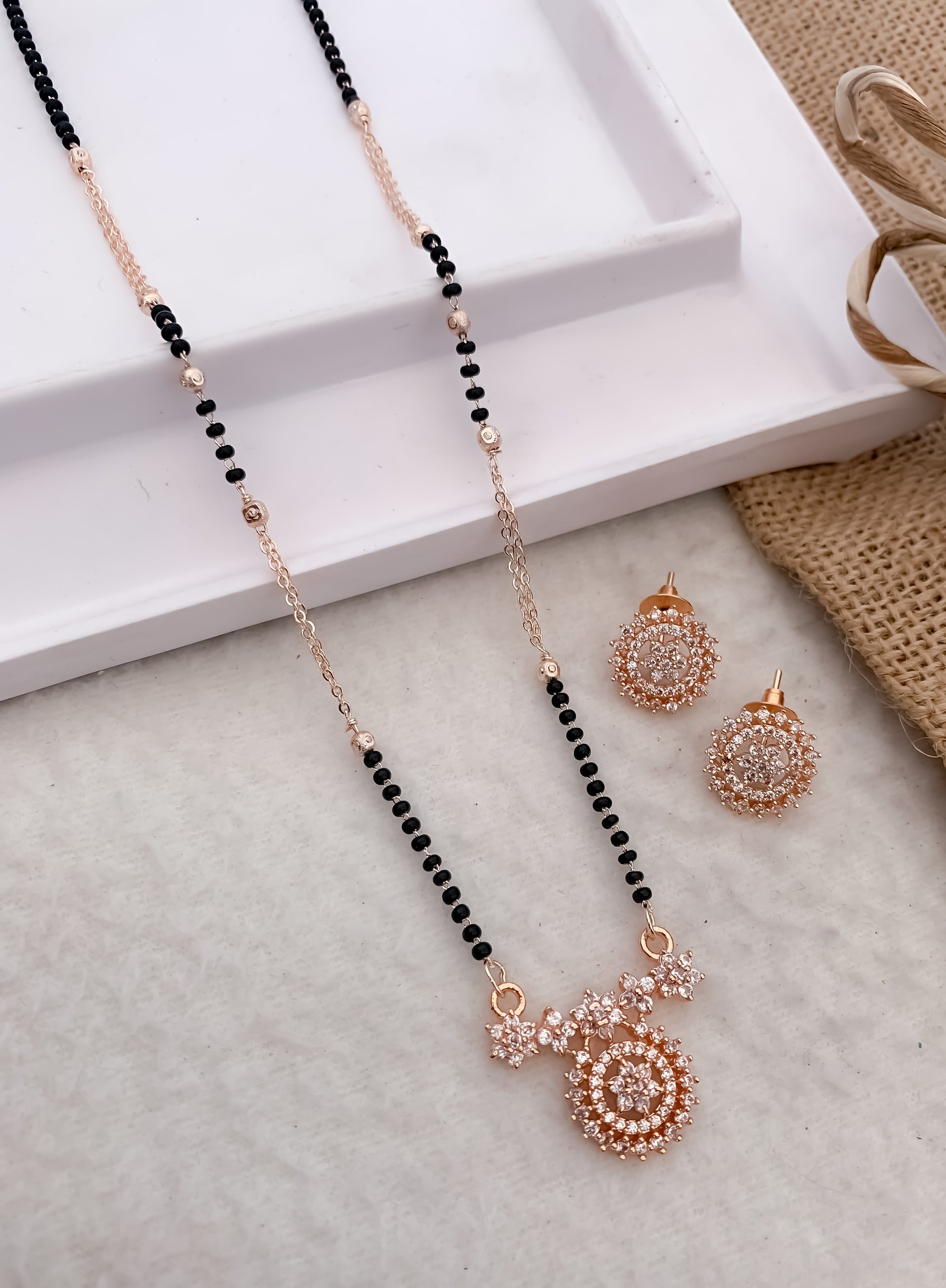 American Diamond Silver Golden Rose Gold Pleted Single vaati Fancy 18” Chain Delicate Mangalsutra Belleza Jewels