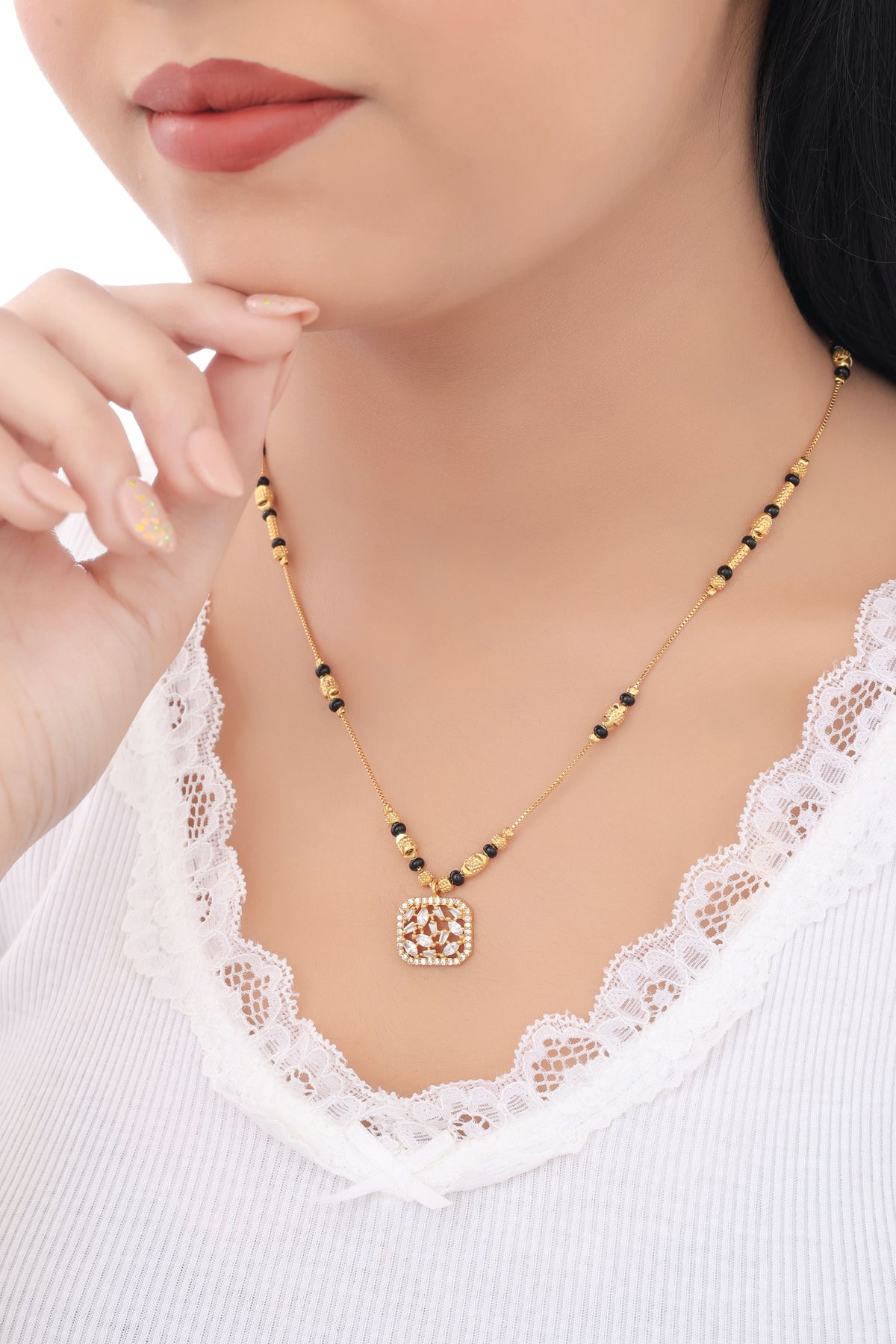 Buy 1 Get 1 Free - Square Motif Crystal Mangalsutra Necklace - Mangalsutra - Belleza Jewels
