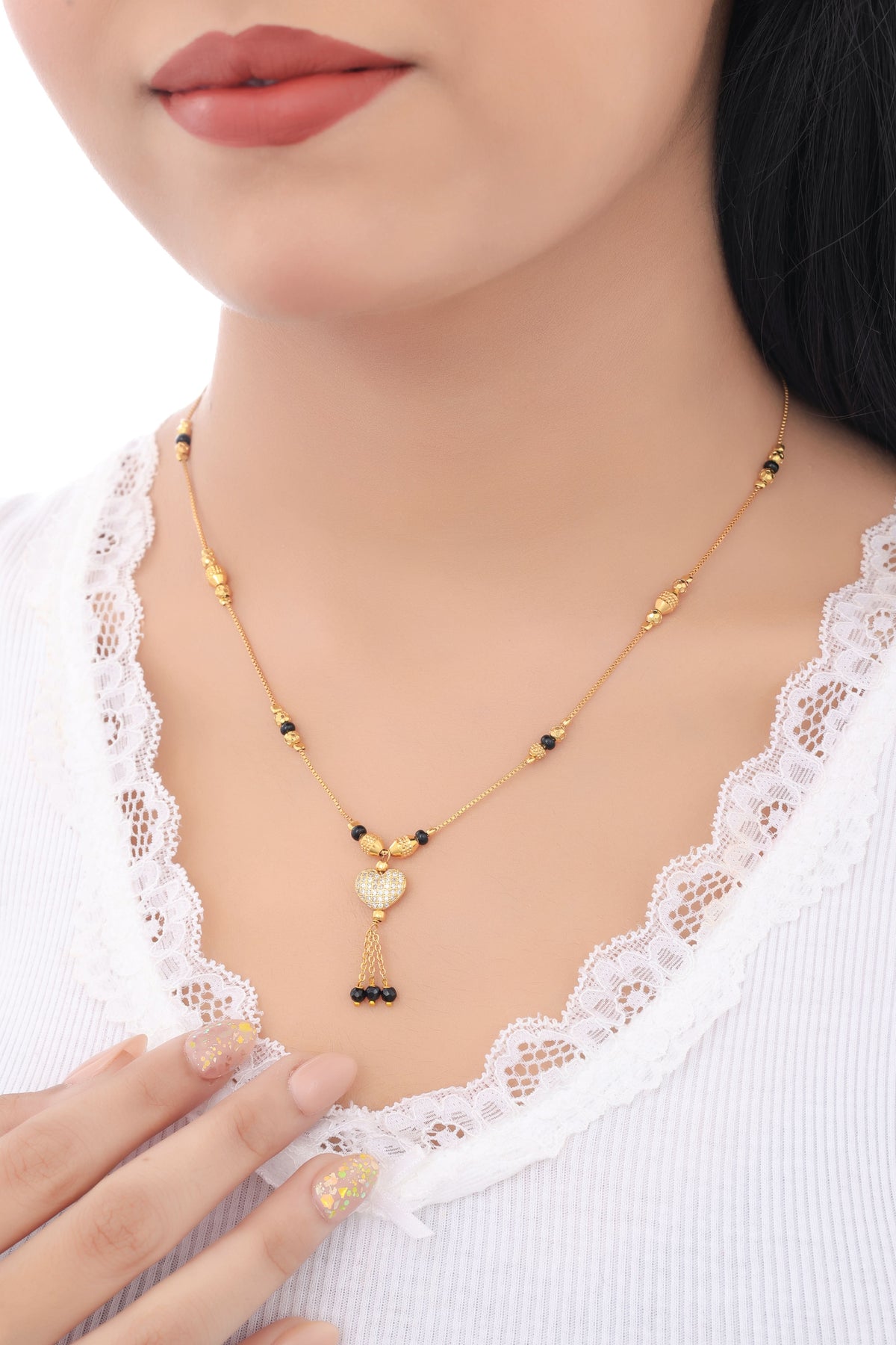 Buy 1 Get 1 Free -Gold Plated Heart Drop Pendant Mangalsutra with Black Beads - Mangalsutra - Belleza Jewels