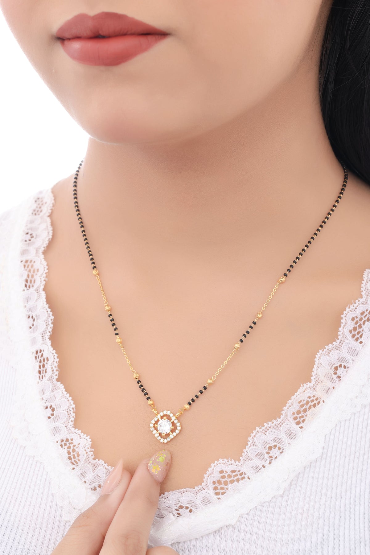 Buy 1 Get 1 Free - Gold Plated Square Halo Pendant Mangalsutra with Black Beads - Mangalsutra - Belleza Jewels