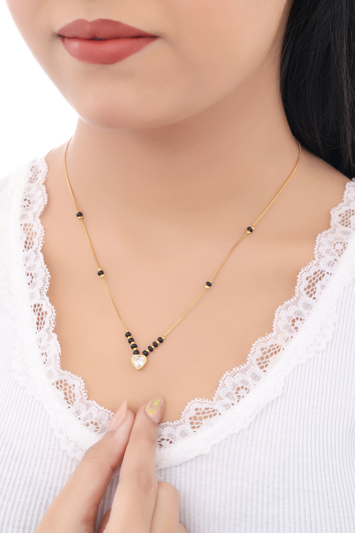 Buy 1 Get 1 Free - American Diamond Heart Shape Gold Plated  Delicate  Chain  Mangalsutra