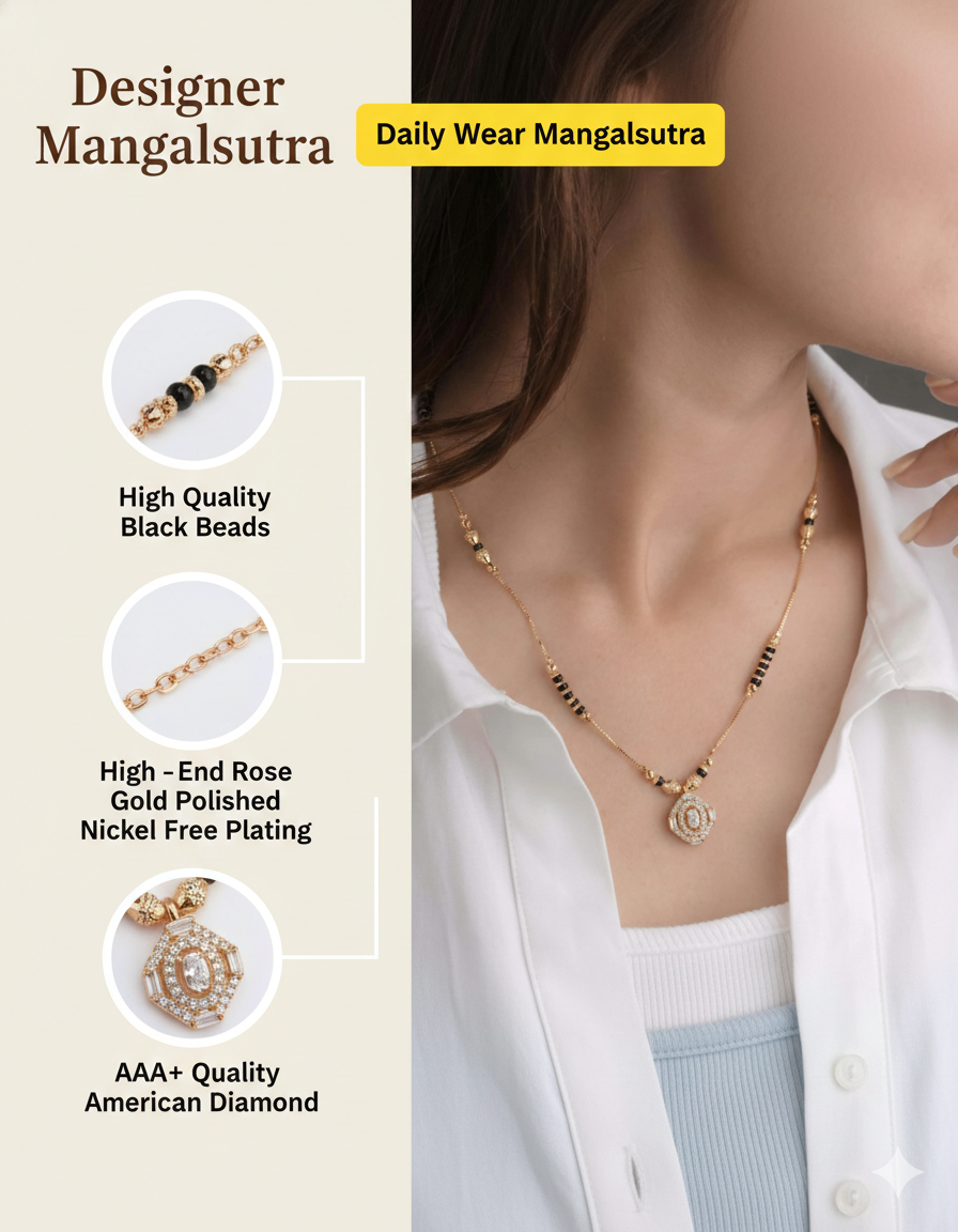 Designer mangalsutra necklace with high-quality black beads and gold plating, worn by a person- Belleza Jewels