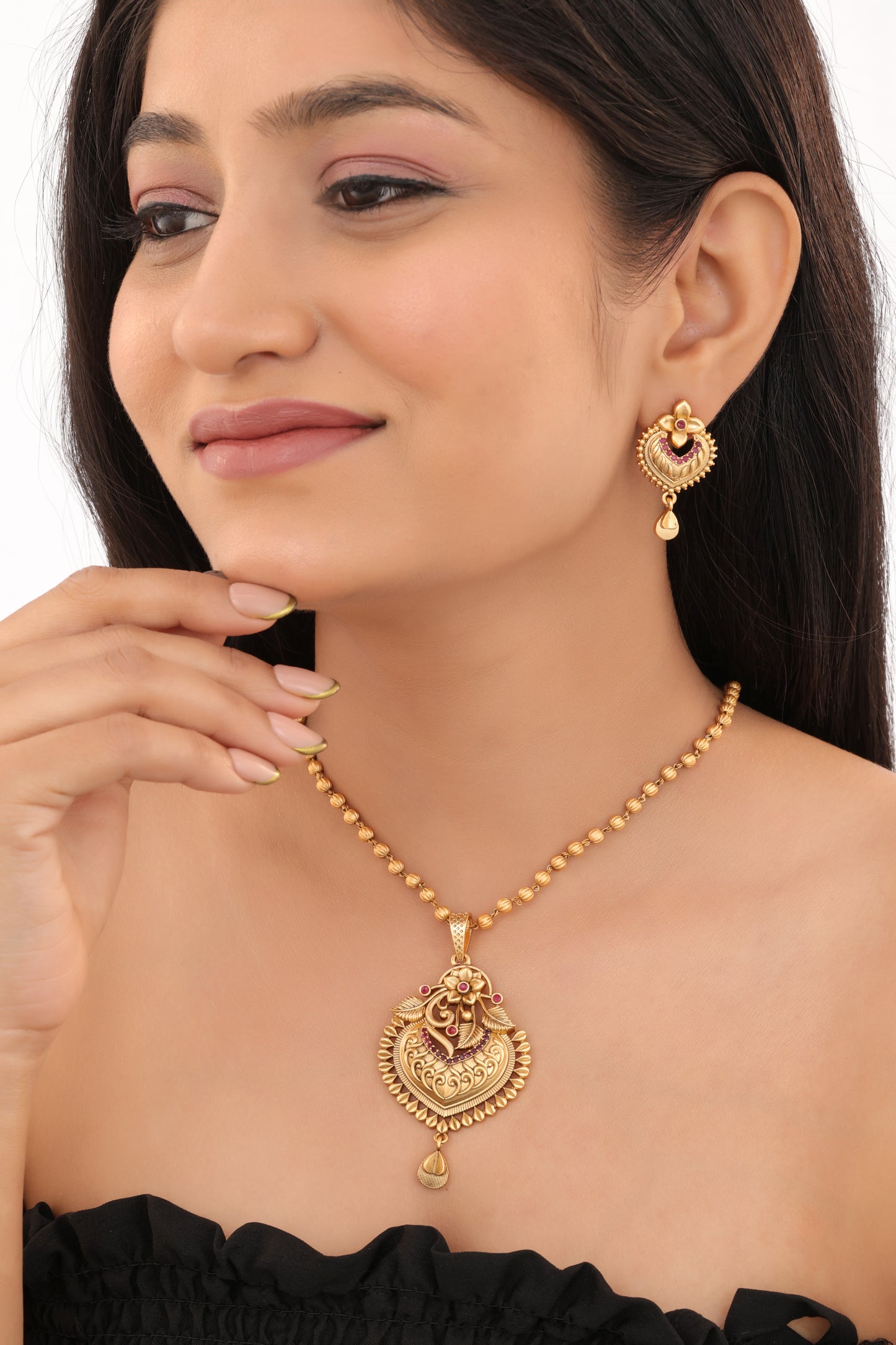Antique Gold Floral Peacock Mangalsutra Set with Ruby Detailing - Pendant Set - Belleza Jewels