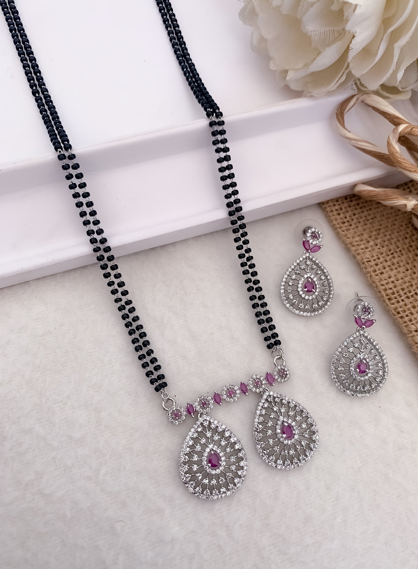 American Diamond Rose Gold And Silver Pleted Black White Ruby Colour Stone Fancy Mala Mangalsutra Belleza Jewels