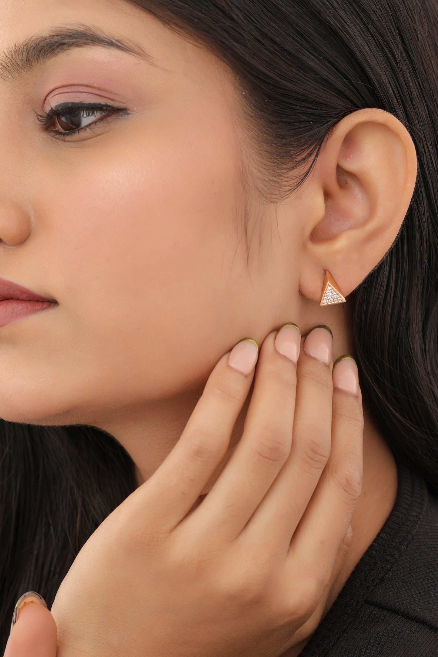 Buy 1 Get 1 Free -American Diamond  Rose Gold Tringle Shape Delicate Fancy Earrings - Earrings - Belleza Jewels