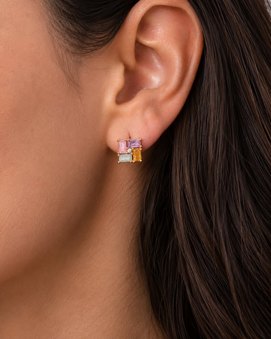American Diamond  Rose Gold Multi Colour Square Shape Multi Color Delicate Earrings