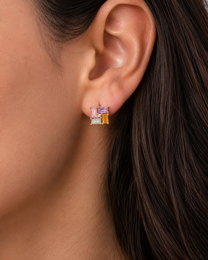 American Diamond  Rose Gold Multi Colour Square Shape Multi Color Delicate Earrings