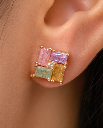 American Diamond  Rose Gold Multi Colour Square Shape Multi Color Delicate Earrings