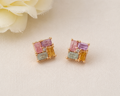 American Diamond  Rose Gold Multi Colour Square Shape Multi Color Delicate Earrings