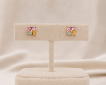 American Diamond  Rose Gold Multi Colour Square Shape Multi Color Delicate Earrings