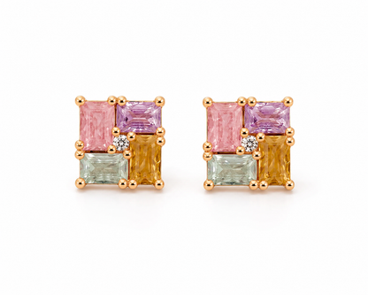 American Diamond  Rose Gold Multi Colour Square Shape Multi Color Delicate Earrings