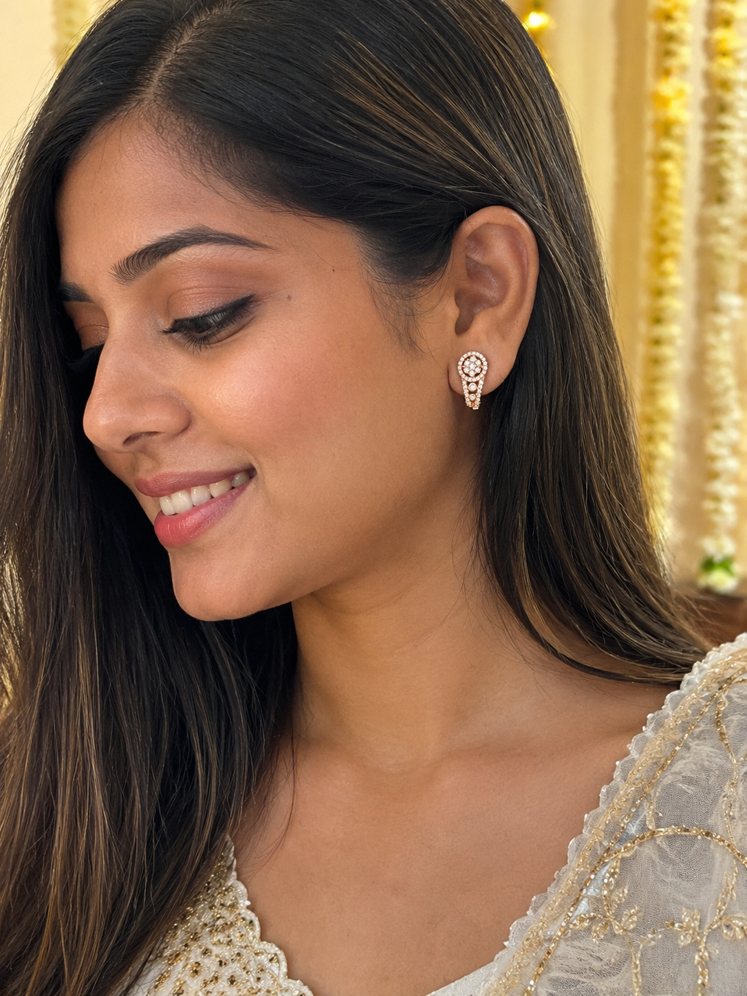 American Diamond Rose Gold Hoop Earrings Bali | Classic Party & Daily Wear