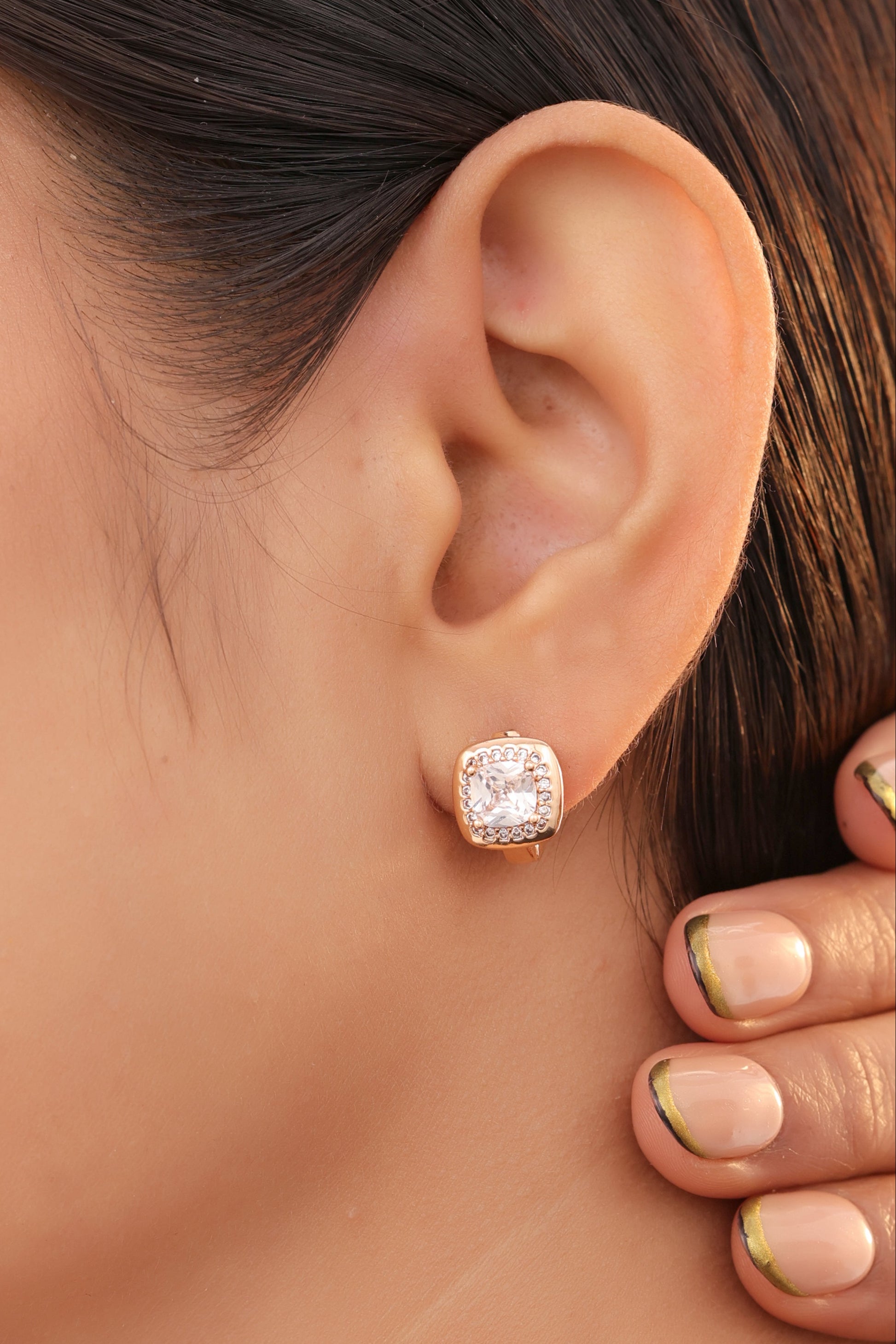 Buy 1 Get 1 Free -American Diamond Rose Gold Square Shape Delicate Fancy Bali - BALI - Belleza Jewels