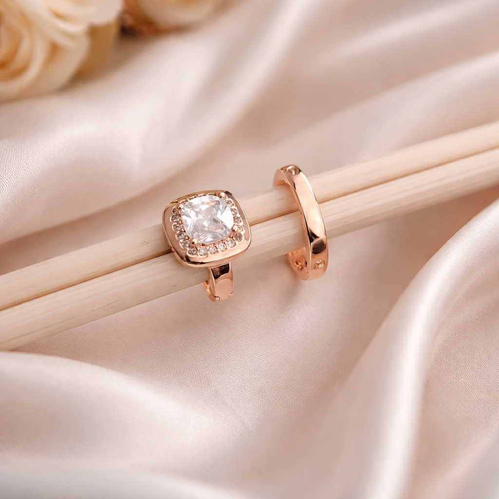Buy 1 Get 1 Free -American Diamond Rose Gold Square Shape Delicate Fancy Bali - BALI - Belleza Jewels