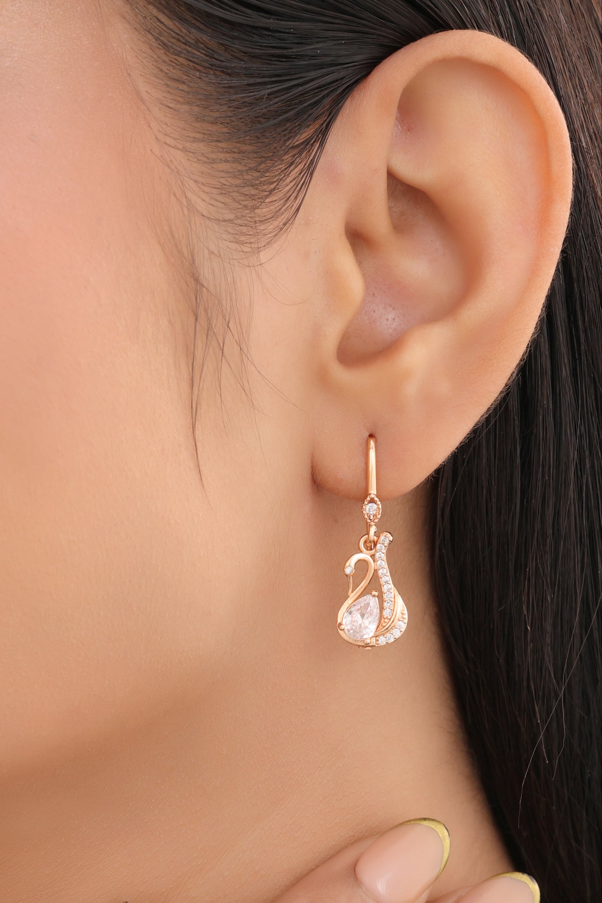 Buy 1 Get 1 Free -American Diamond Rose Gold Swan Shape Hanging Fancy Earrings - Earrings - Belleza Jewels