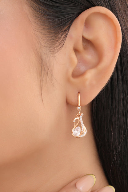 Buy 1 Get 1 Free -American Diamond Rose Gold Swan Shape Hanging Fancy Earrings - Earrings - Belleza Jewels