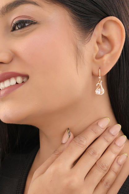 Buy 1 Get 1 Free -American Diamond Rose Gold Swan Shape Hanging Fancy Earrings - Earrings - Belleza Jewels