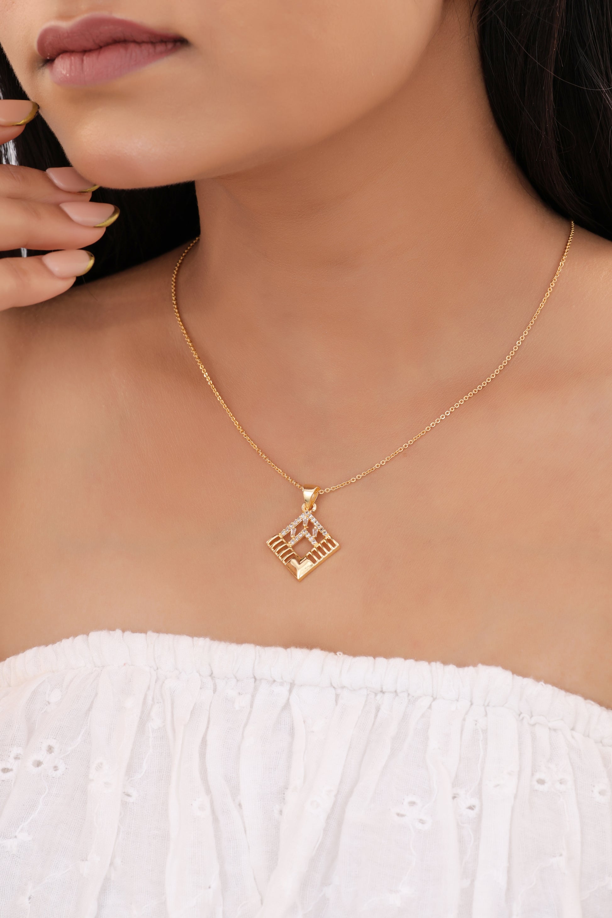 American Diamond Gold Plated Fancy Delicate Chain Pendent Necklace - Chain Pendal - Belleza Jewels