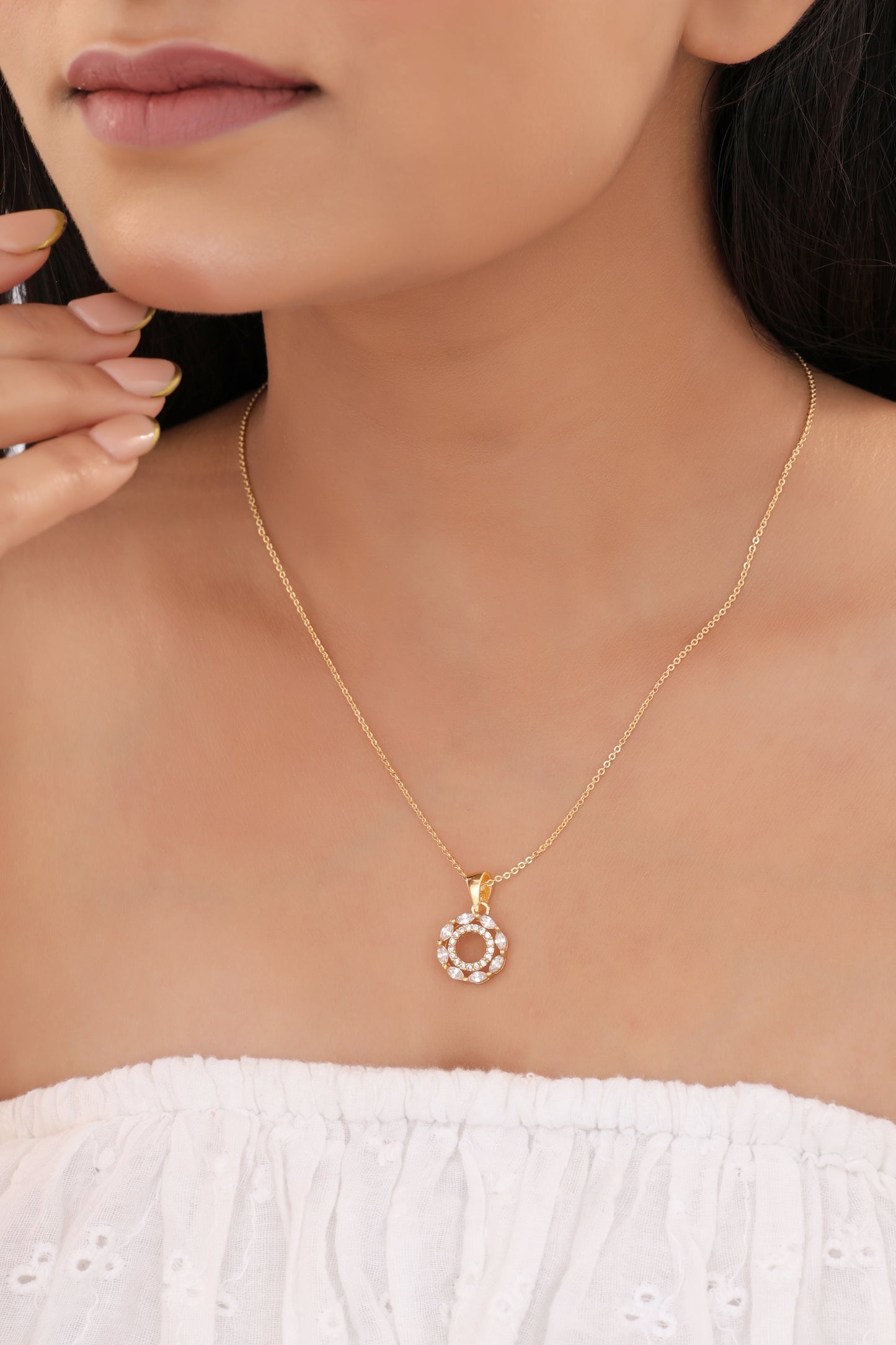 American Diamond Gold Plated Fancy Delicate Chain Pendent Necklace - Chain Pendal - Belleza Jewels