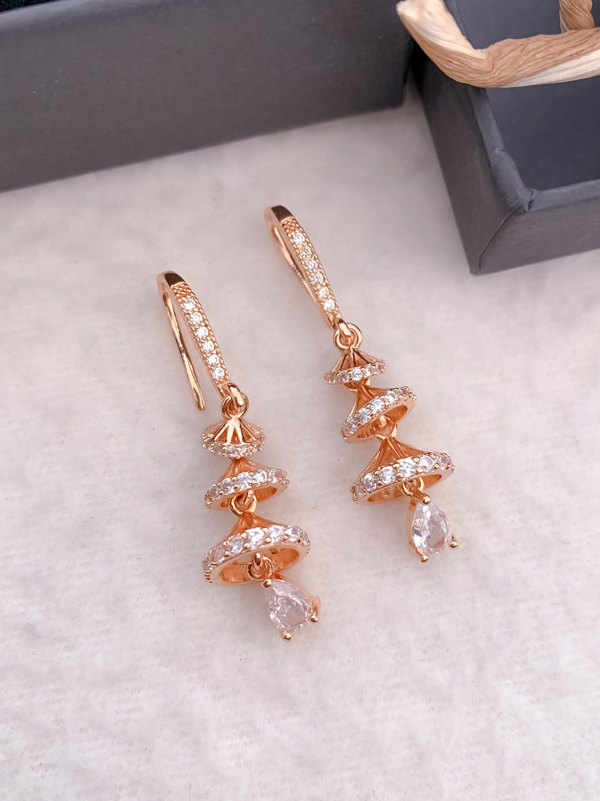 Buy 1 Get 1 Free -American Diamond High Rose Gold Hanging Fancy Bali - BALI - Belleza Jewels