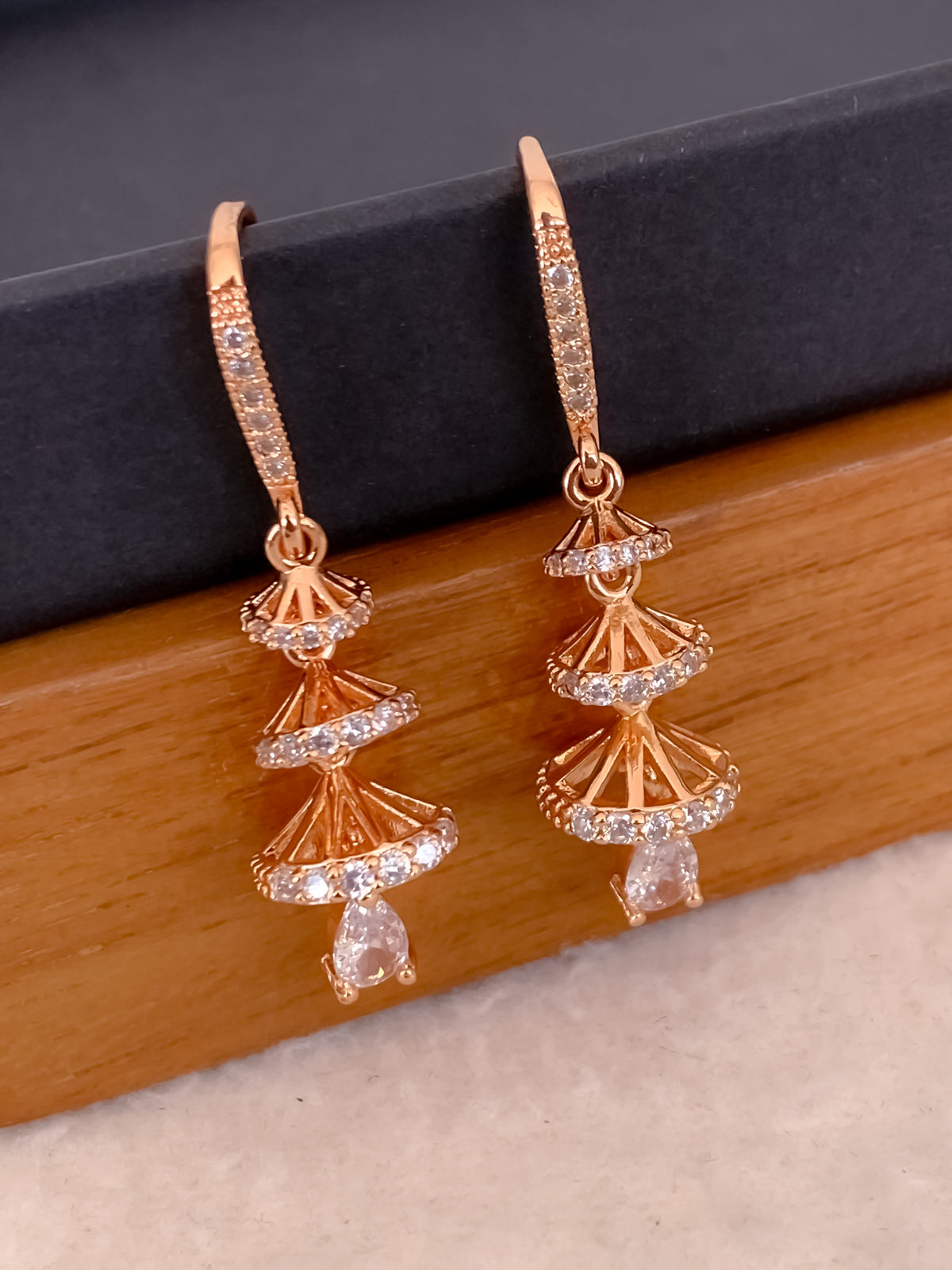 Buy 1 Get 1 Free -American Diamond High Rose Gold Hanging Fancy Bali - BALI - Belleza Jewels