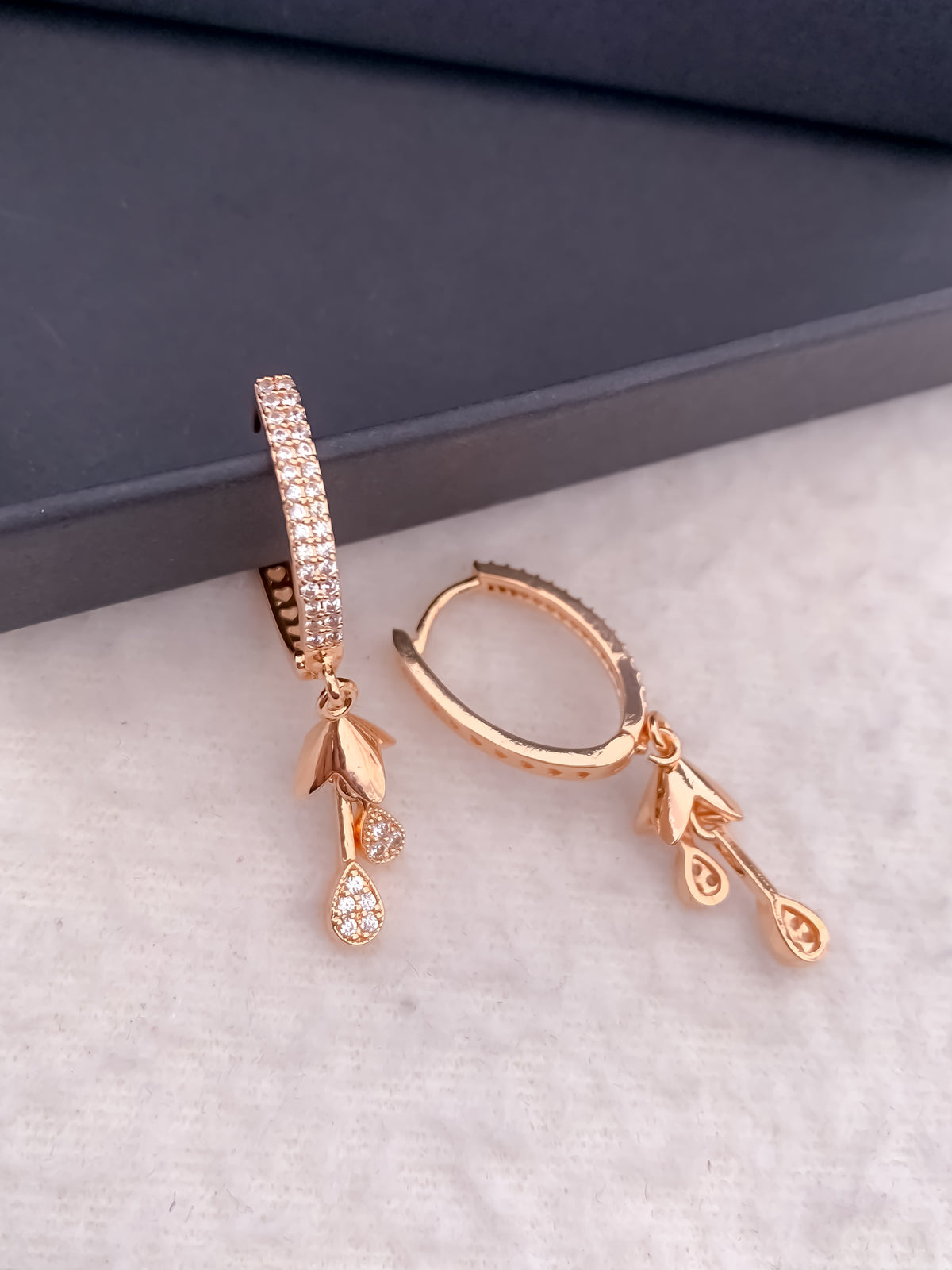 Buy 1 Get 1 Free -American Diamond Rose Gold Hanging Delicate Fancy Delicate Bali - BALI - Belleza Jewels