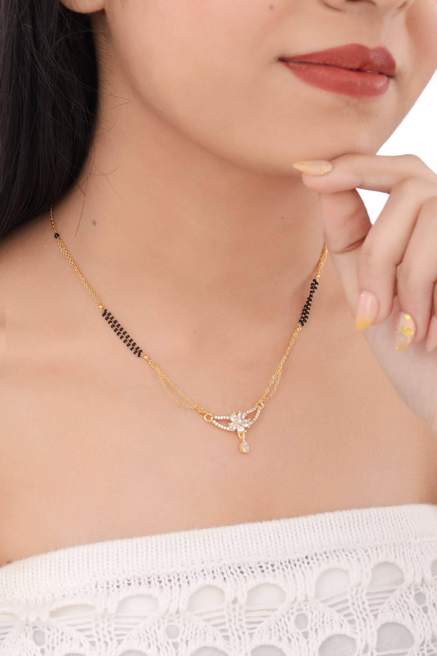 Buy 1 Get 1 Free  - American Diamond Flower Shape Gold Plated Mangalsutra