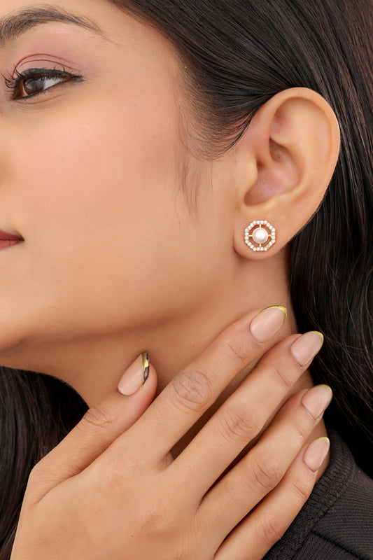 Buy 1 get 1 Free -American Diamond Rose Gold Plated white Pearl Delicate Tops Earring