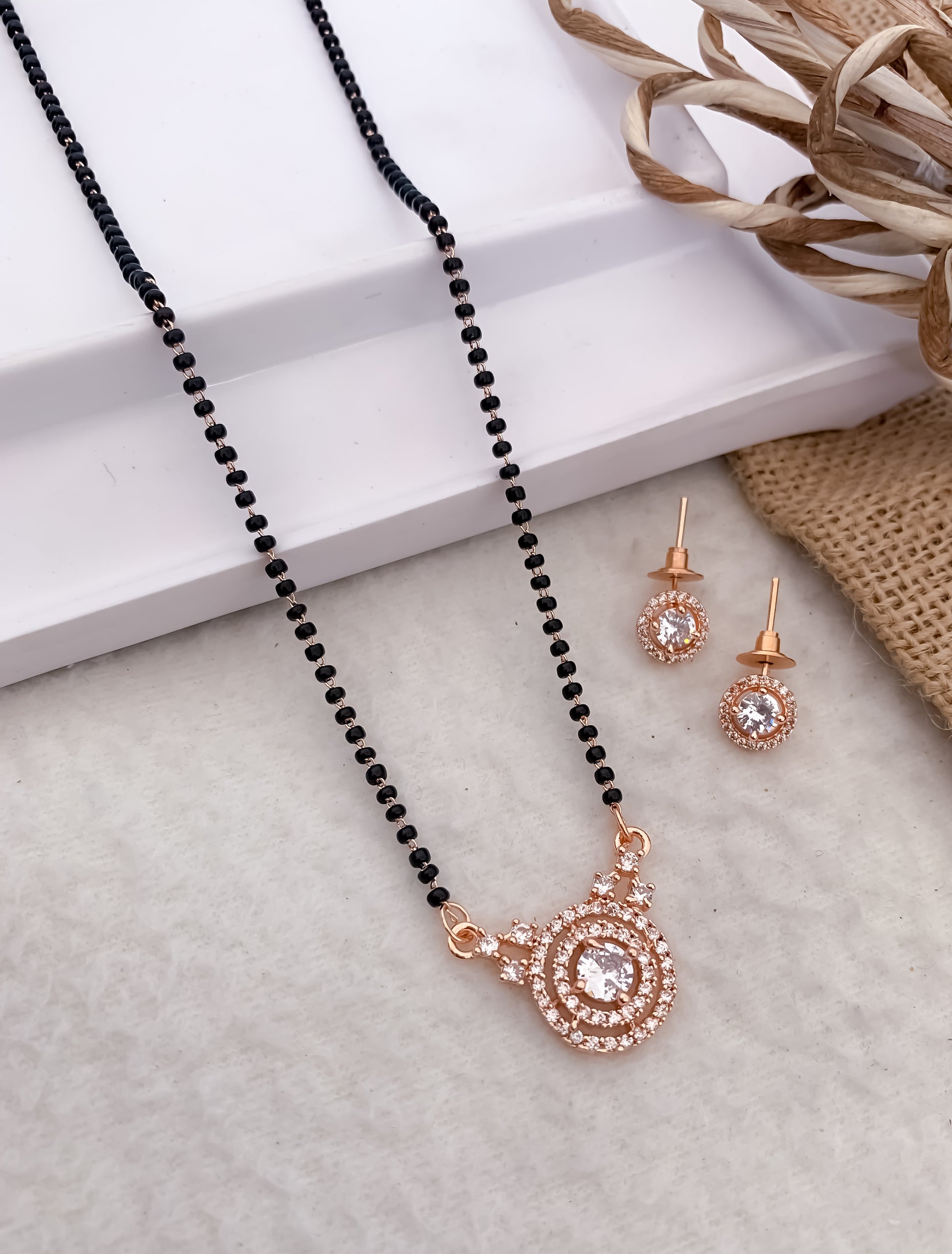 American Diamond Rose gold plated White Fancy 18” Delicate Mangalsutra With Earring