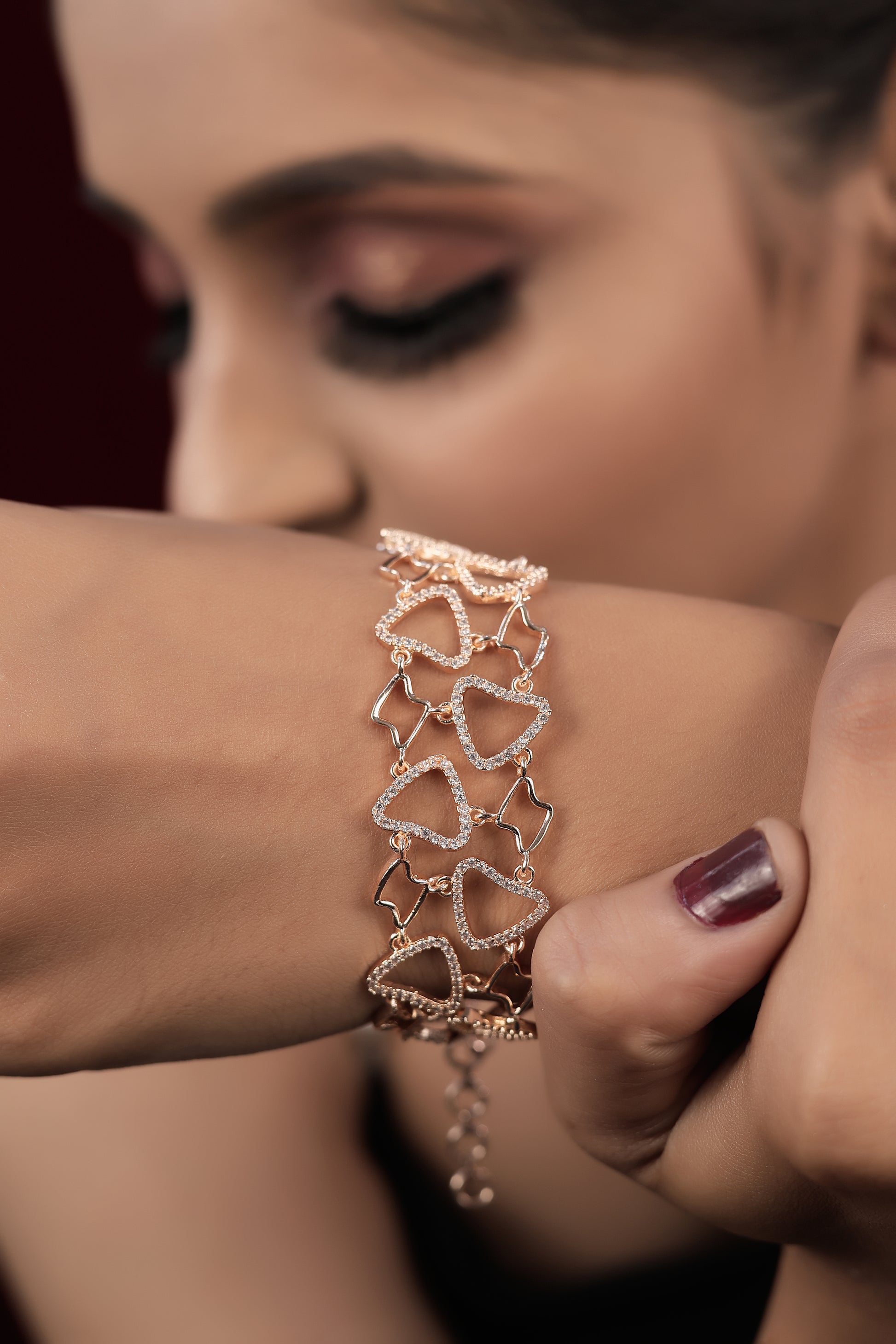 American Diamond Golden And Rose Gold Heart Bracelet - Bracelet - Belleza Jewels