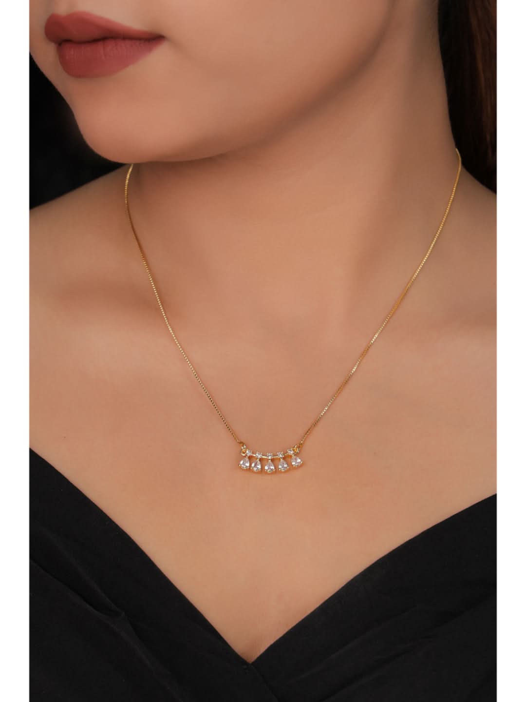 American Diamond Gold Plated Fancy Hanging Chain Pendent - Chain Pendant - Belleza Jewels