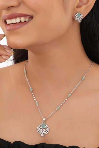 Silver Finish Mint Green Stone Swirl Pendant Necklace Set - Pendant Set - Belleza Jewels