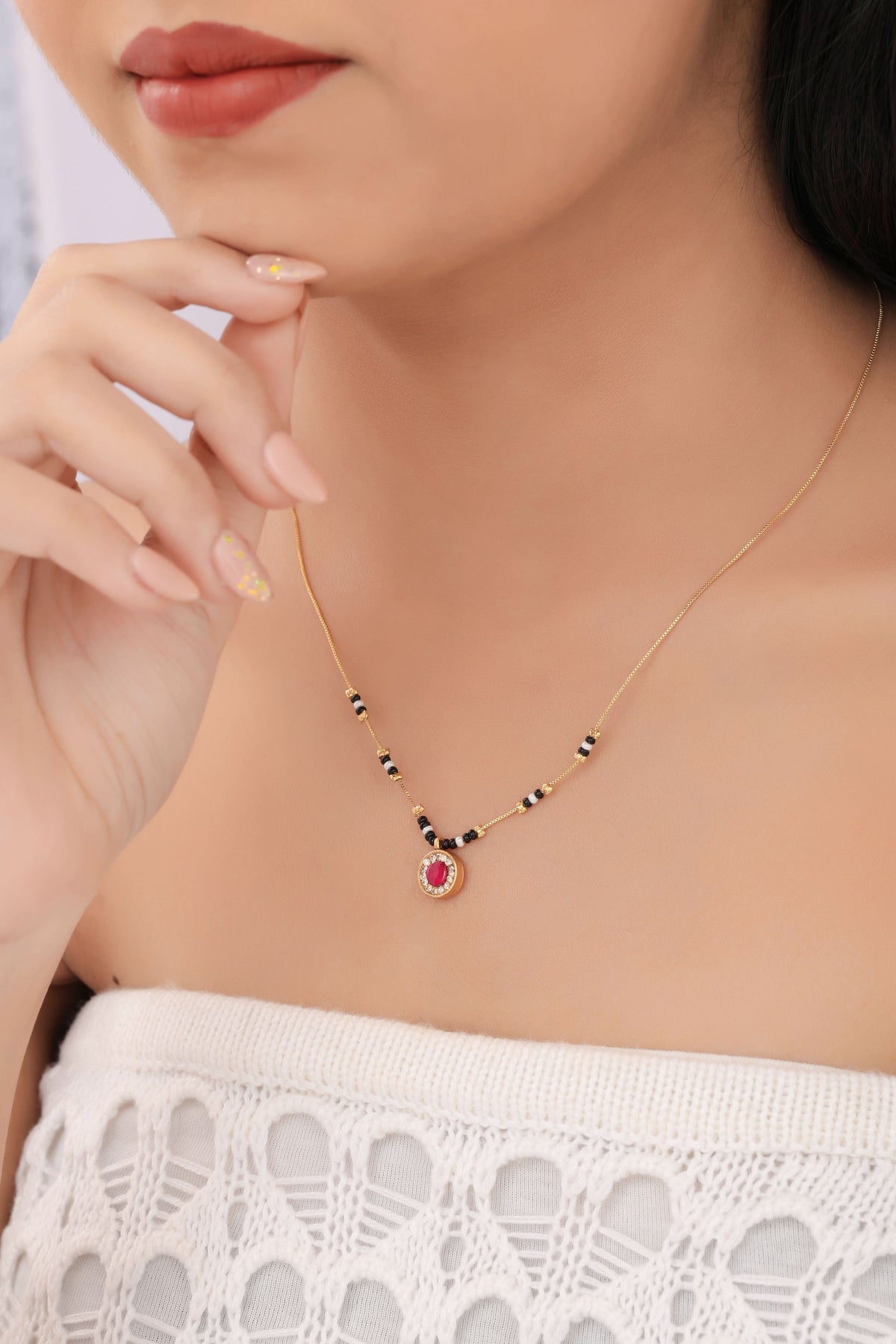 Buy 1 Get 1 Free - Ruby Oval Stone Minimal Mangalsutra Necklace - Mangalsutra - Belleza Jewels