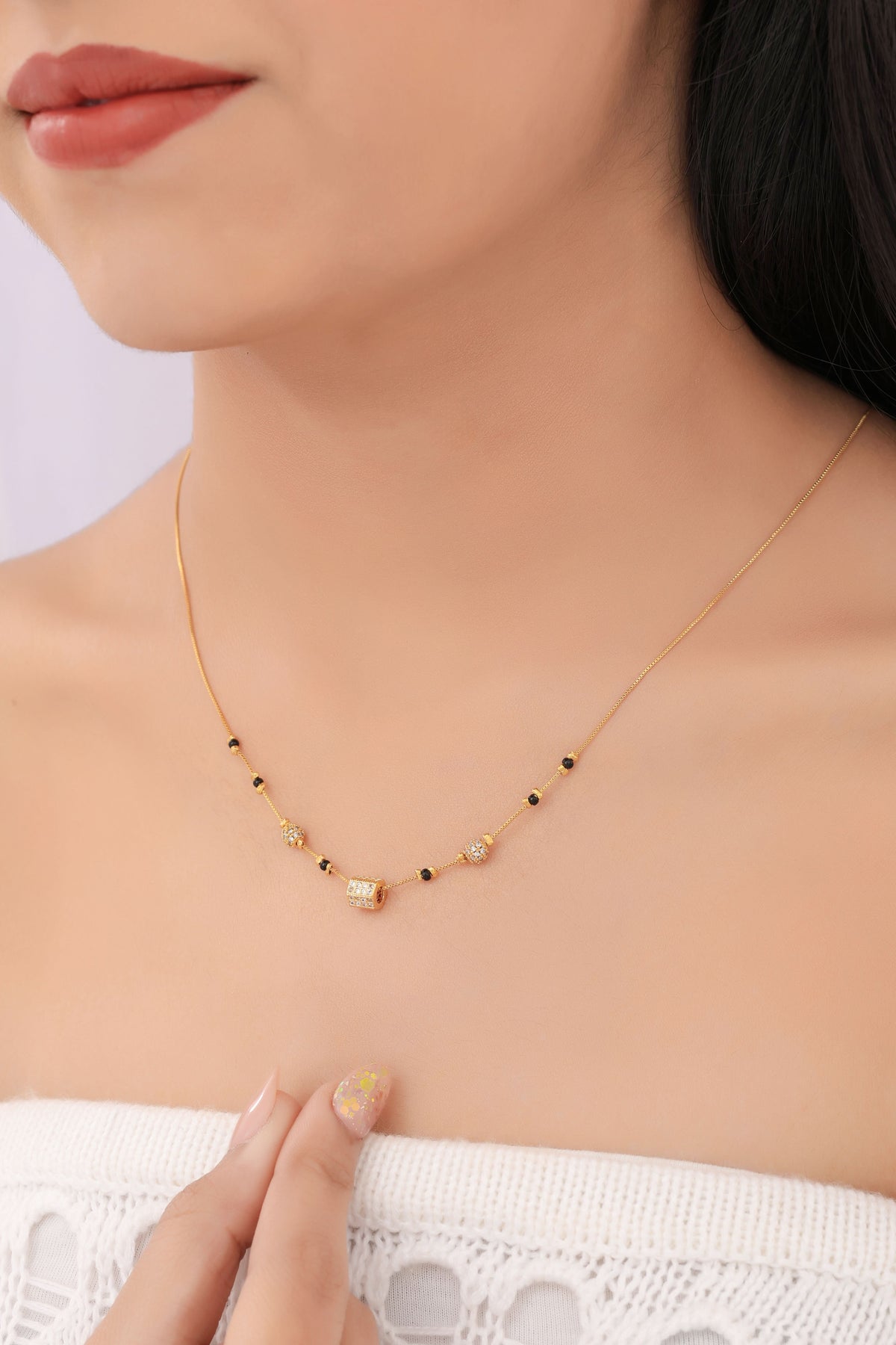 Buy 1 Get 1 Free - Gold Plated Cube Crystal Pendant Mangalsutra with Black Beads - Mangalsutra - Belleza Jewels