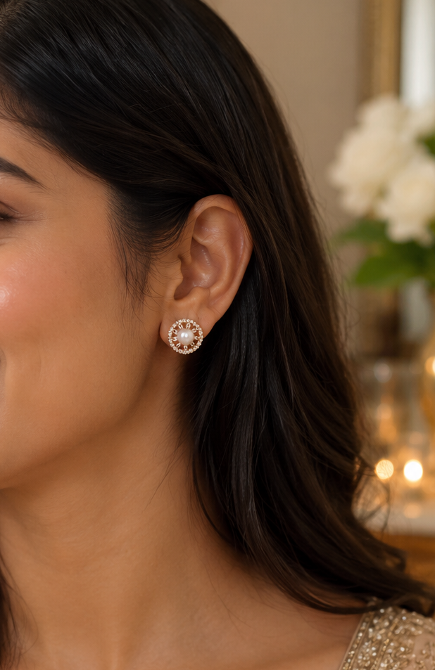American Diamond With Chowki Design Delicate Rose Gold Plated Tops Earrings