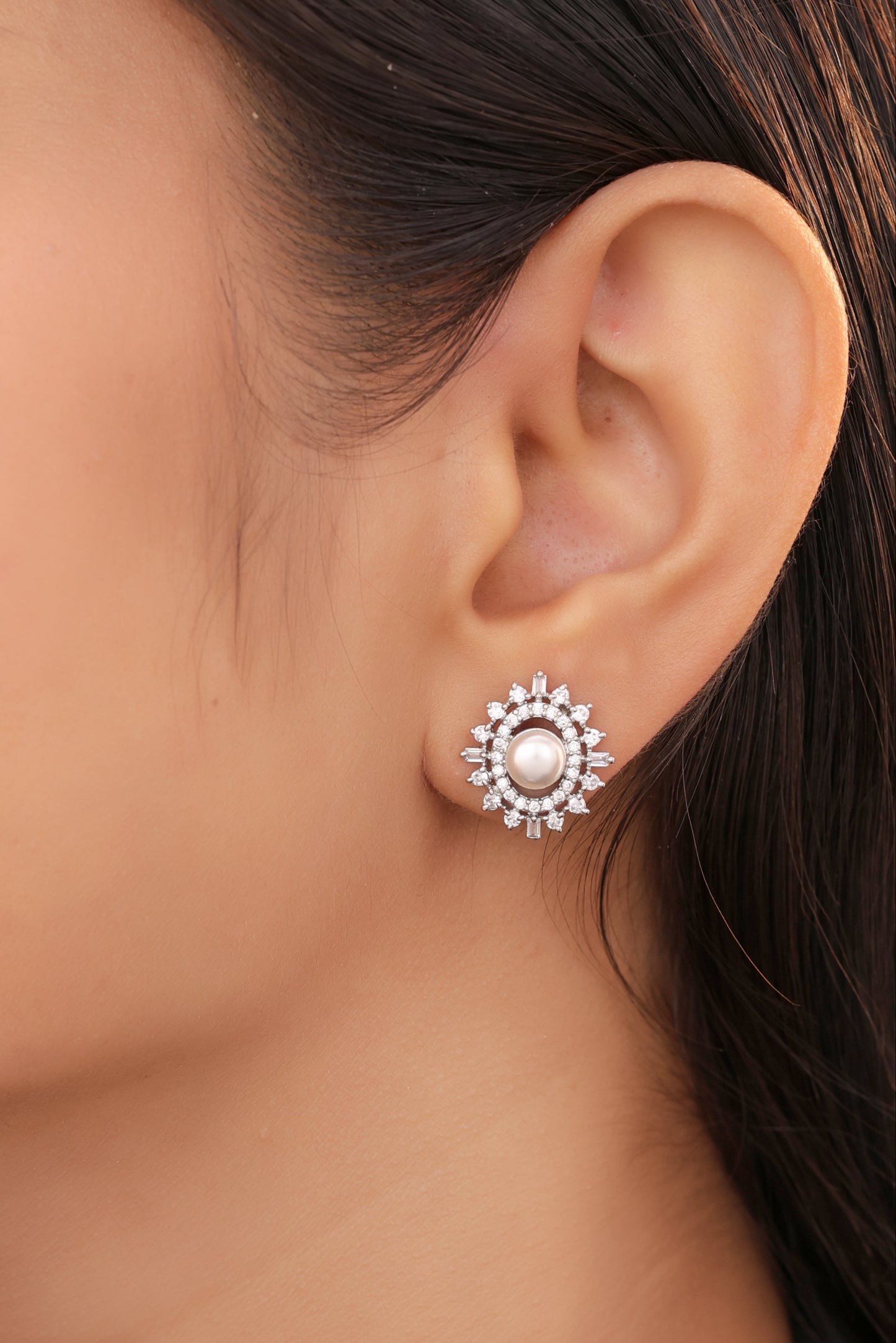 Buy 1 get 1 Free -American Diamond White Pearl Ovel Shape Earring Tops - Tops - Belleza Jewels