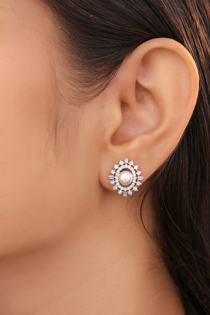 Buy 1 get 1 Free -American Diamond White Pearl Ovel Shape Earring Tops - Tops - Belleza Jewels