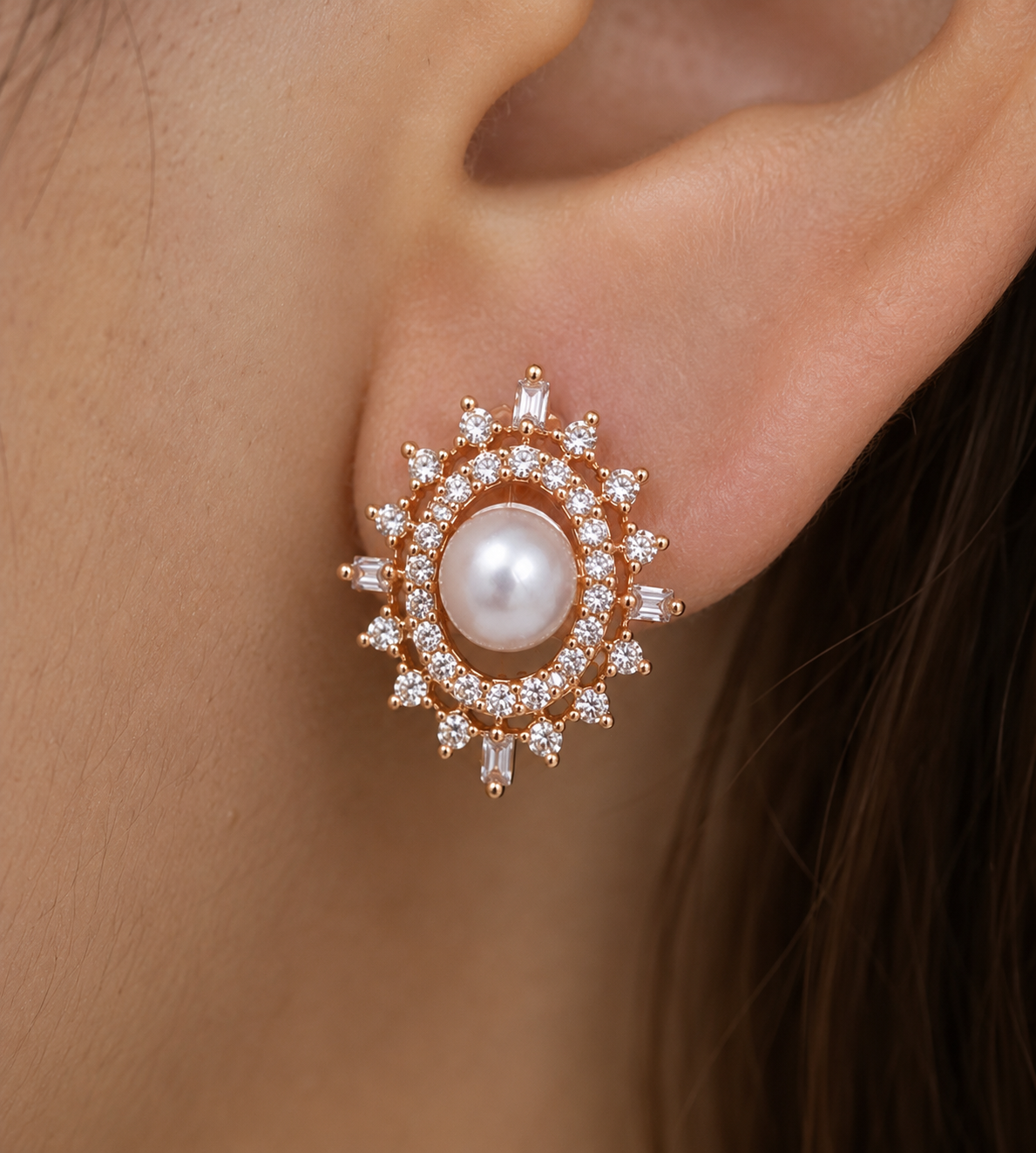 American Diamond White Pearl Ovel Shape Earring Tops