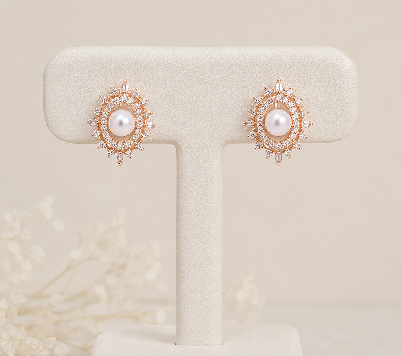 American Diamond White Pearl Ovel Shape Earring Tops