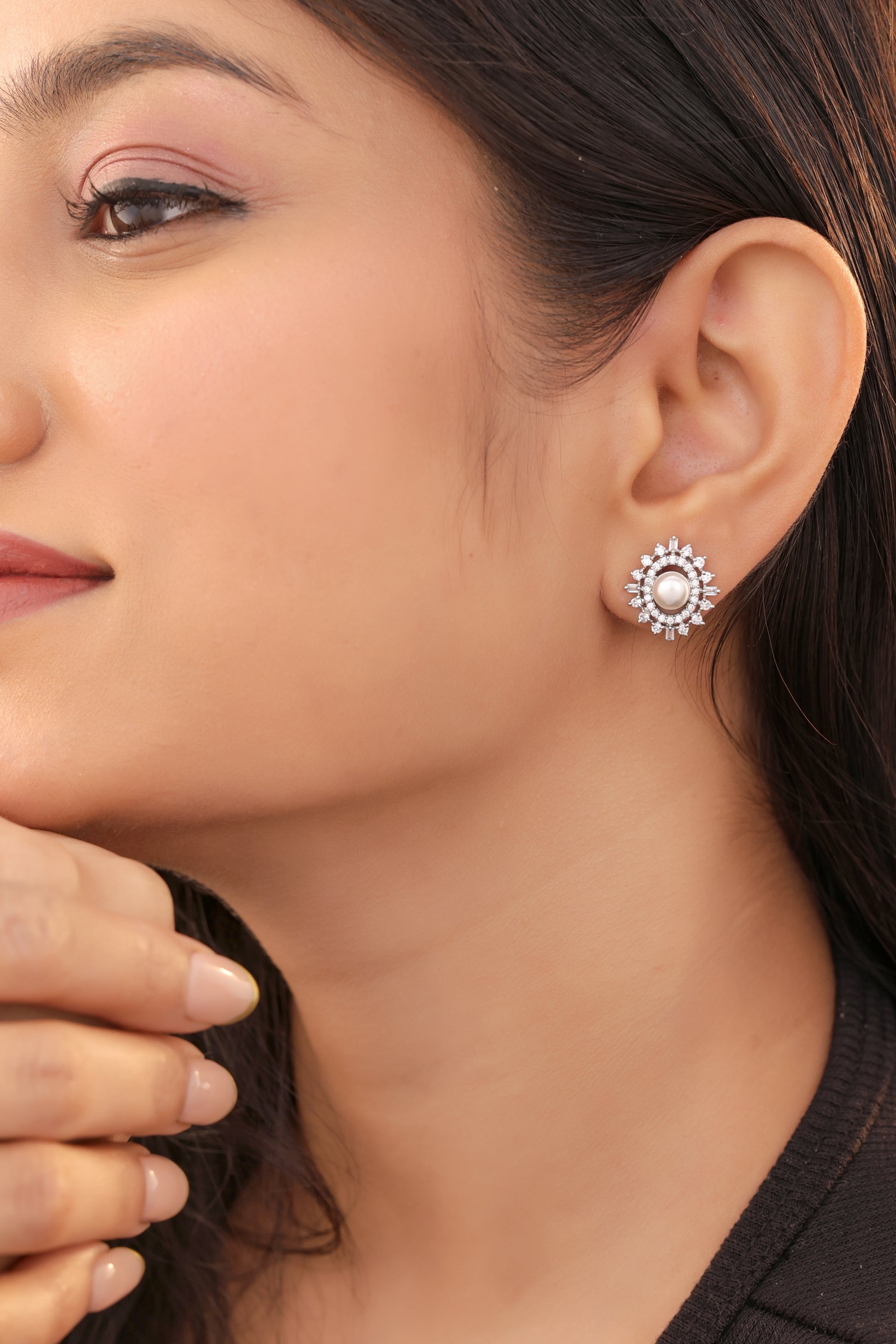 Buy 1 get 1 Free -American Diamond White Pearl Ovel Shape Earring Tops - Tops - Belleza Jewels