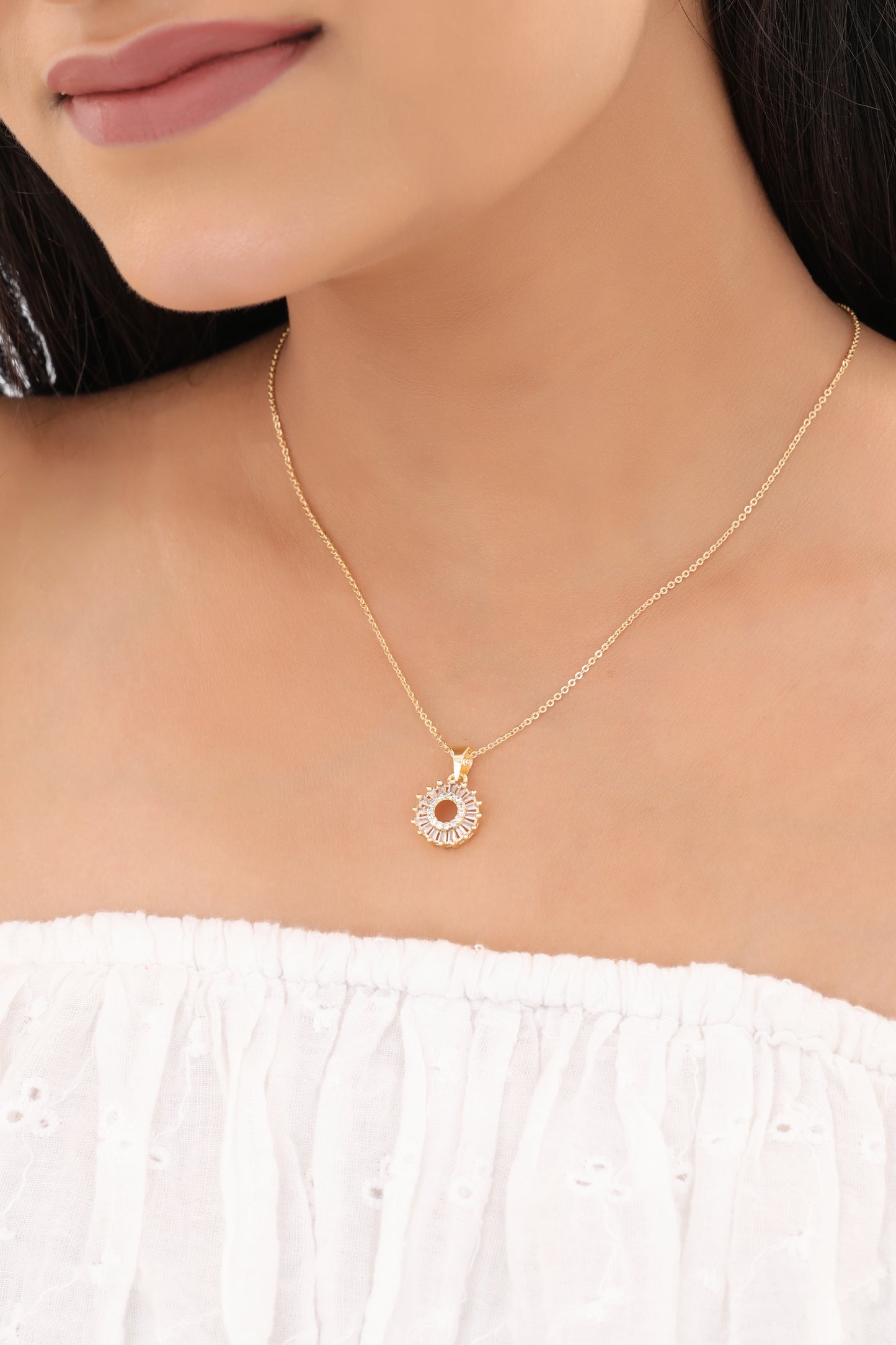 American Diamond Gold Plated Fancy Delicate Chain Pendent Necklace - Chain Pendal - Belleza Jewels