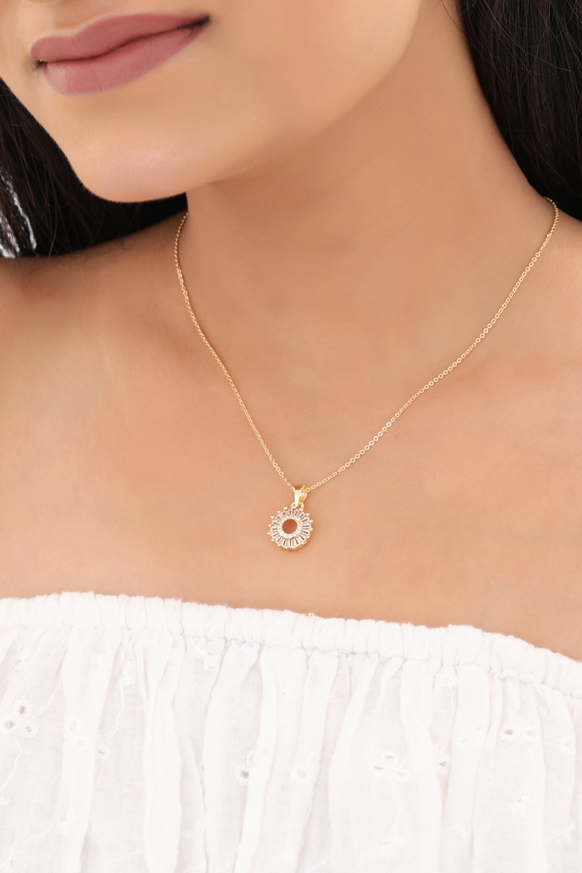 American Diamond Gold Plated Fancy Delicate Chain Pendent Necklace - Chain Pendal - Belleza Jewels