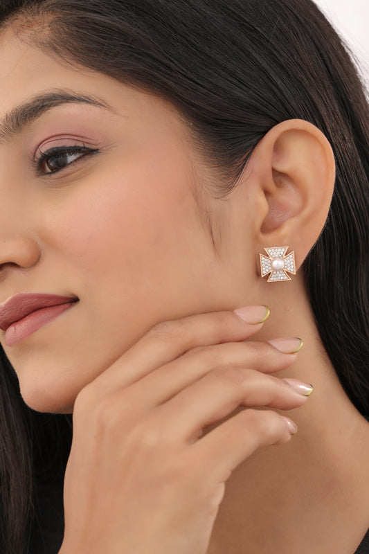 Buy 1 Get 1 Free -American Diamond Rose Gold And Silver Plated  Delicate Design Earrings Tops