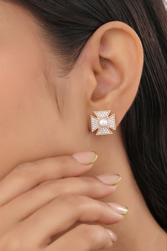 Buy 1 Get 1 Free -American Diamond Rose Gold And Silver Plated Delicate Design Earrings Tops - Tops - Belleza Jewels
