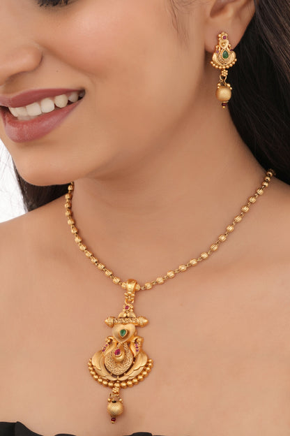Antique Gold Temple Design Mangalsutra Necklace Set with Drop Earrings - Pendant Set - Belleza Jewels