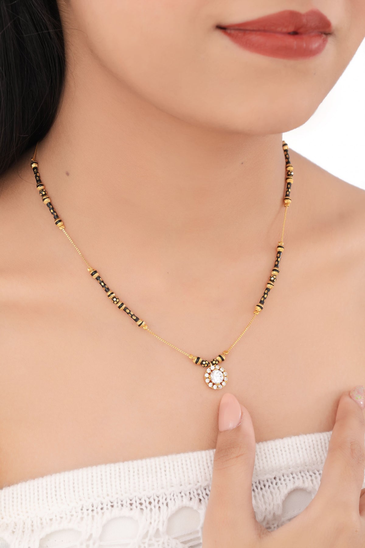 Buy 1 Get 1 Free -Gold Finish Round CZ Solitaire Mangalsutra - Mangalsutra - Belleza Jewels